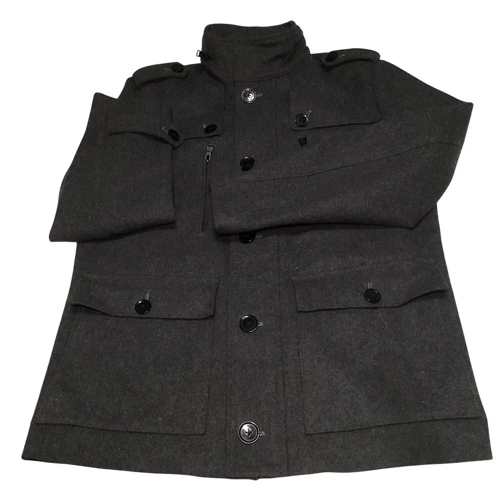 Express Mens Heather Grey Wool Blend Field Jacket Hooded Coat 37F3440 Size M